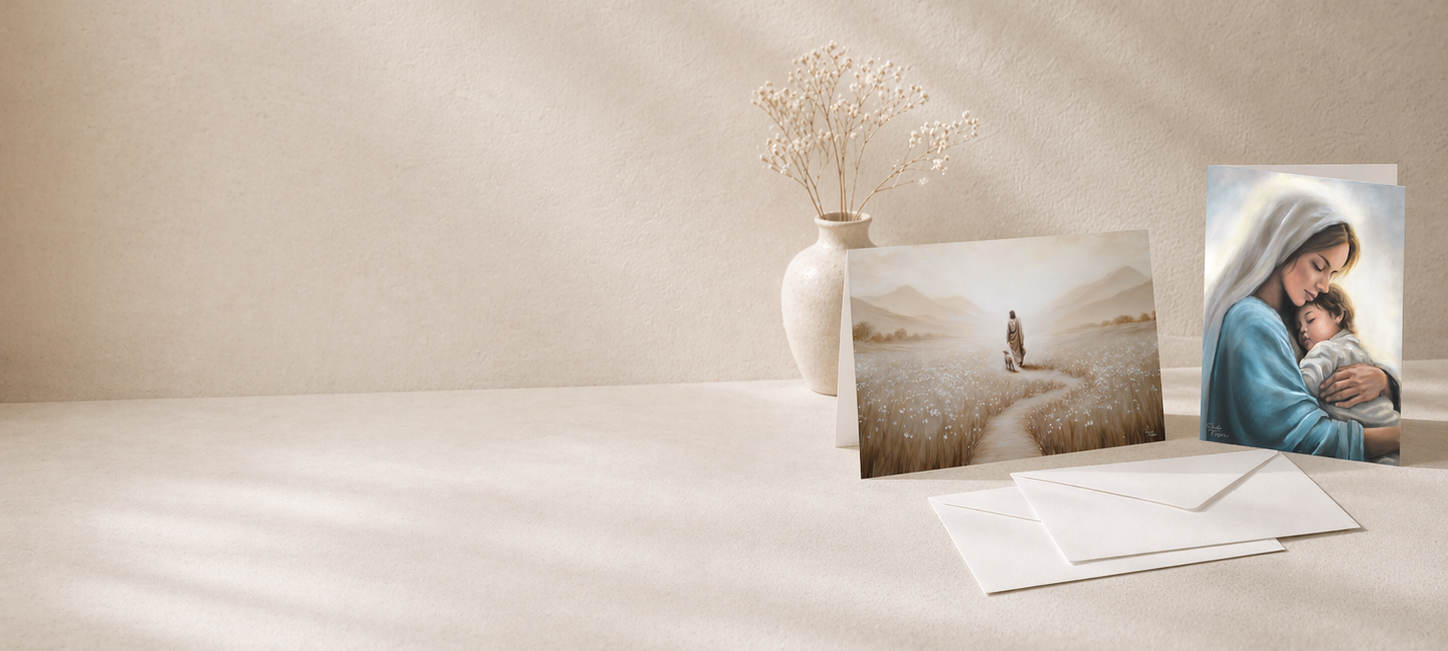 Two greeting cards on a textured surface with a vase and envelope. Featuring Held in Grace painting and Shepherd's path painting