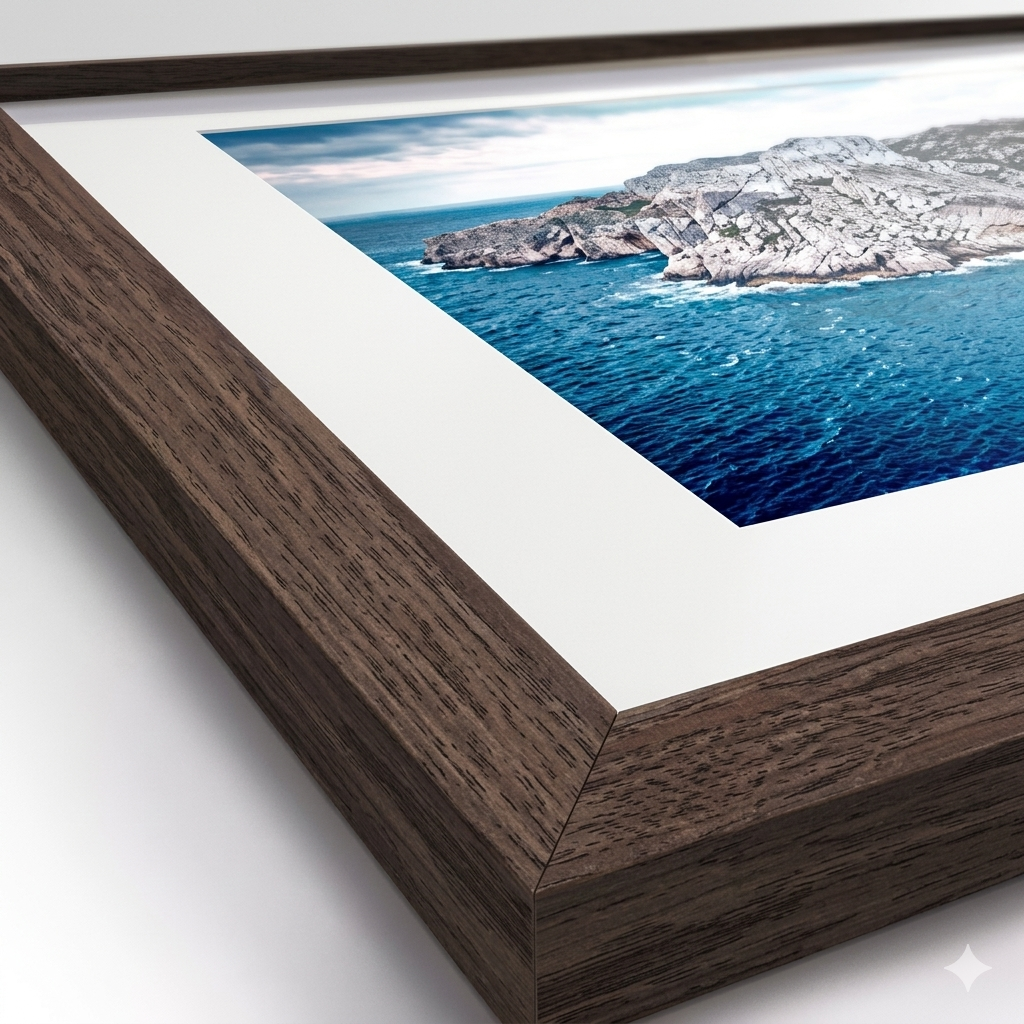 Example of the frame mockup. Framed photograph of a coastal scene with blue water and rocky cliffs.