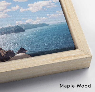 Example mockup. Close-up of a wooden frame with a scenic view of water and sky.