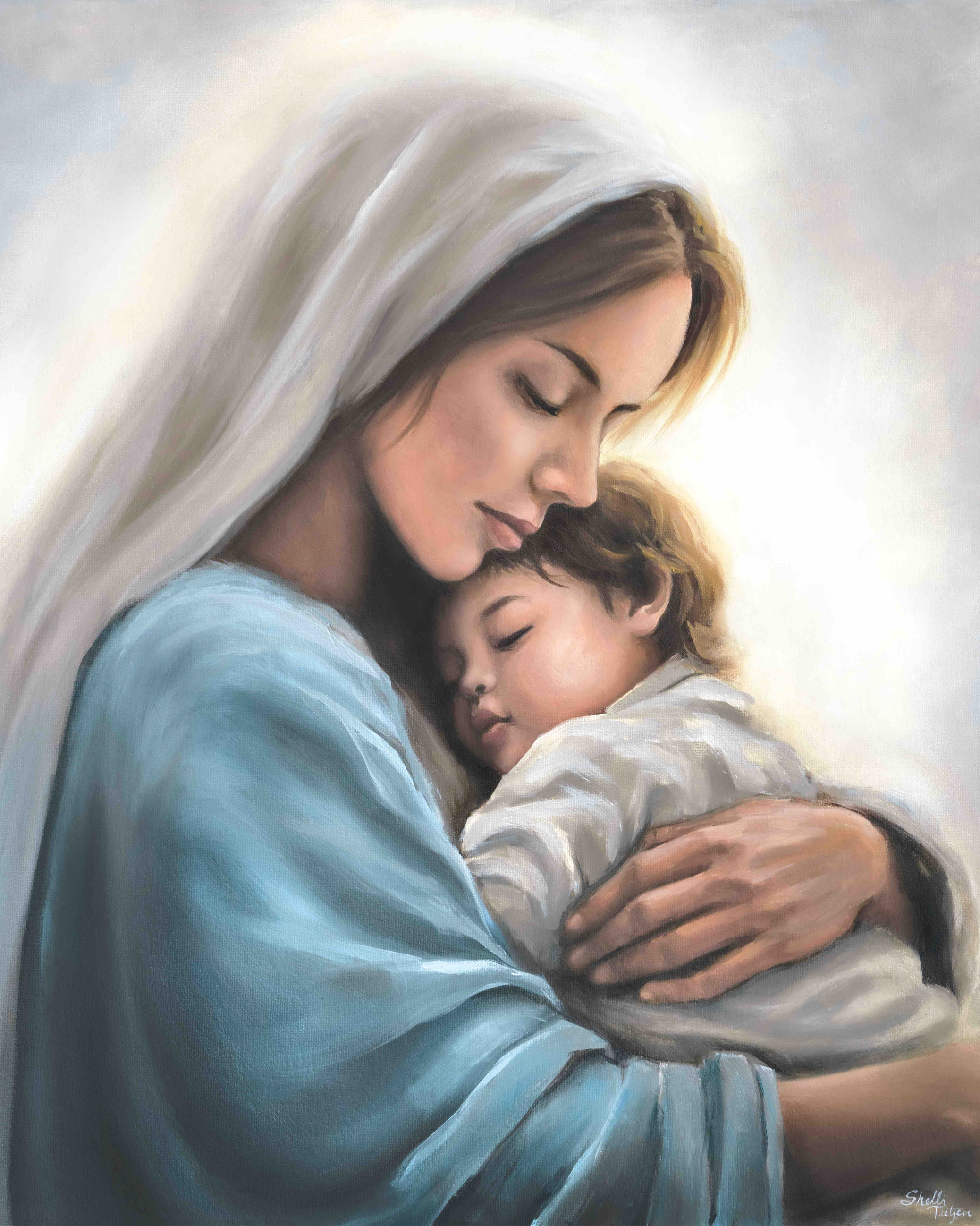 Painting of Mary holding little Christ with a soft, glowing background