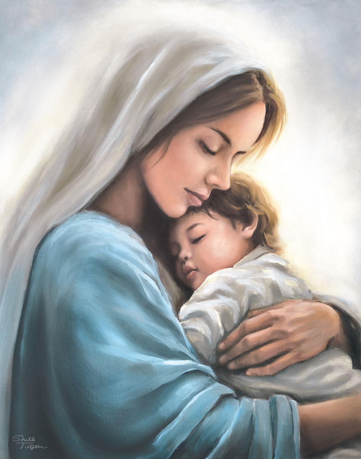 Painting of Mary holding Jesus as a child with a soft, glowing background
