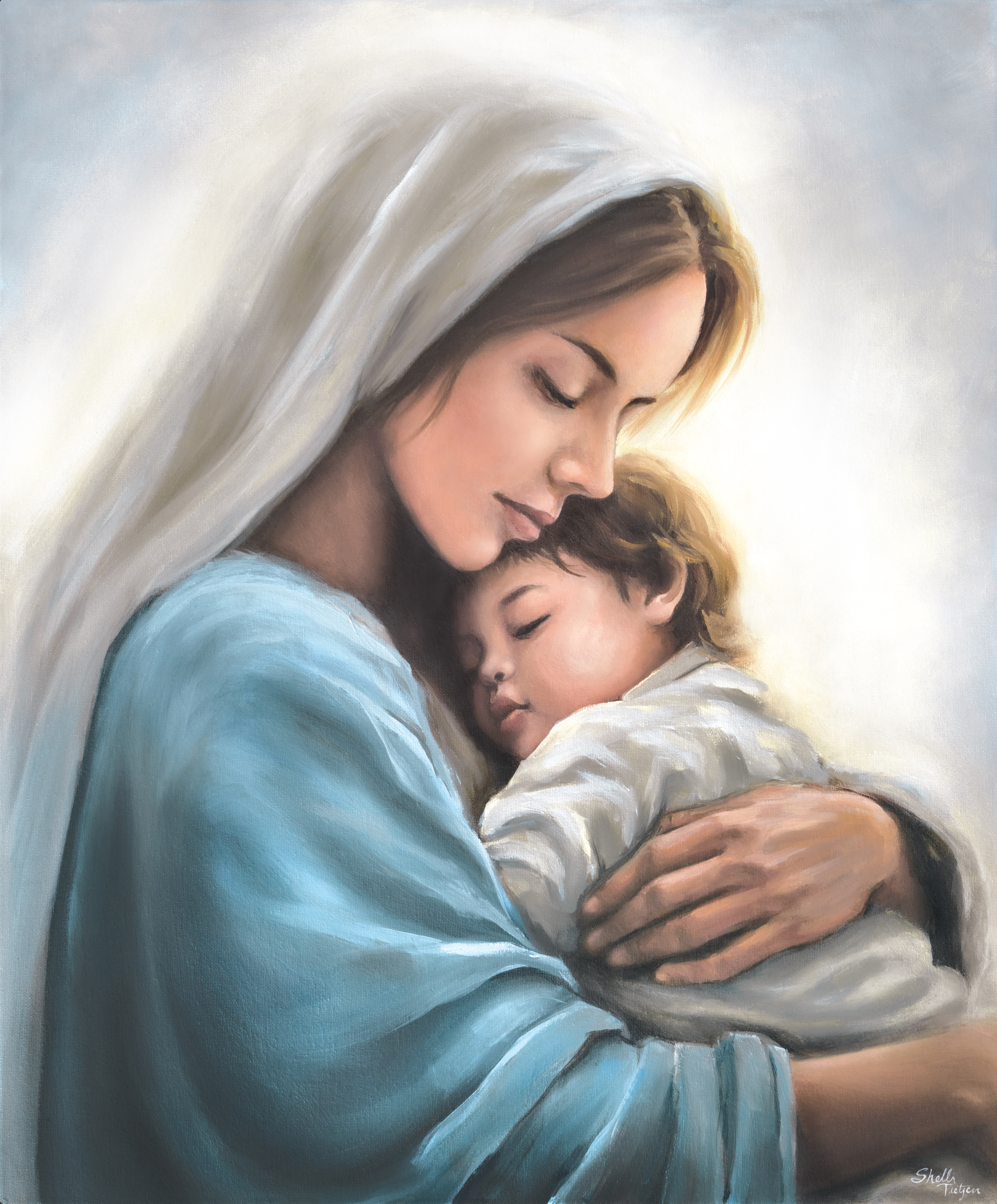 Painting of Mary holding Jesus as a child with a soft, warm background