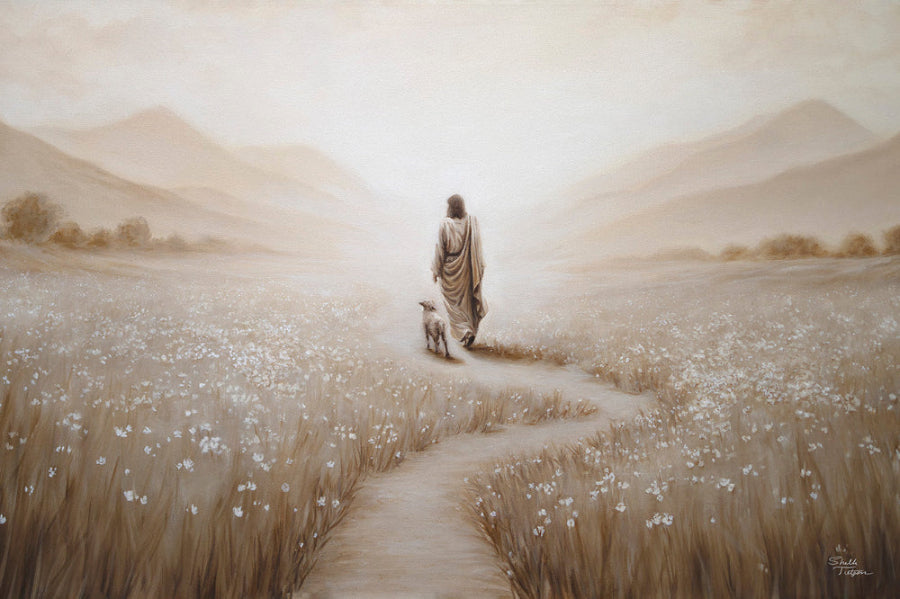 Oil painting of Christ walking with a lamb on a winding path. Walking towards distant mountains. To the sides are a field of white flowers. Monochromatic colors browns and tans.