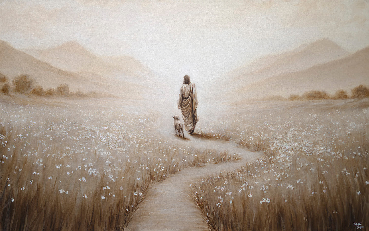 Oil painting of Christ walking with a lamb on a winding path. Walking towards distant mountains. Monochromatic colors browns and tans.