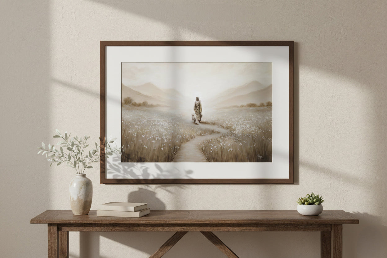 Framed artwork of a landscape Oil painting of Christ walking with a lamb on a winding path. Walking towards distant mountains. To the sides are a field of white flowers. Monochromatic colors browns and tans. Framed artwork is hung over a wooden entry table. 