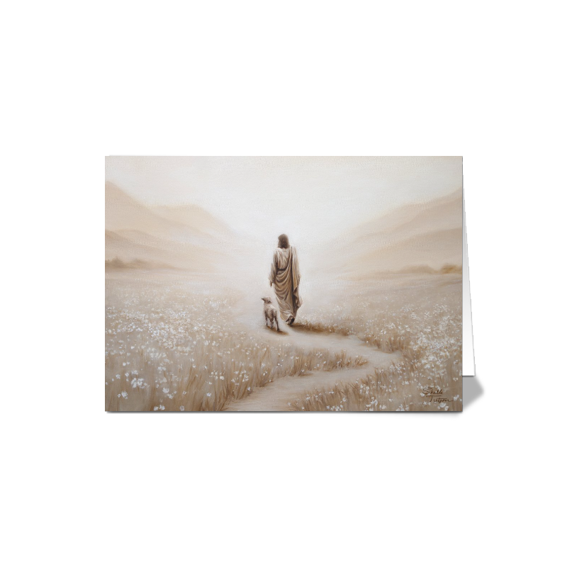 Horizontal greeting card of  the picture of the oil painting of Christ walking with a lamb on a winding path. Walking towards distant mountains. To the sides are a field of white flowers. Monochromatic colors browns and tans. 