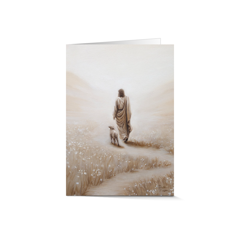 
Vertical greeting card of the picture of the oil painting of Christ walking with a lamb on a winding path. greeting card picture is cropped to be a close up of Christ and the lamb.Walking towards distant mountains. To the sides are a field of white flowers. Monochromatic colors browns and tans. 
