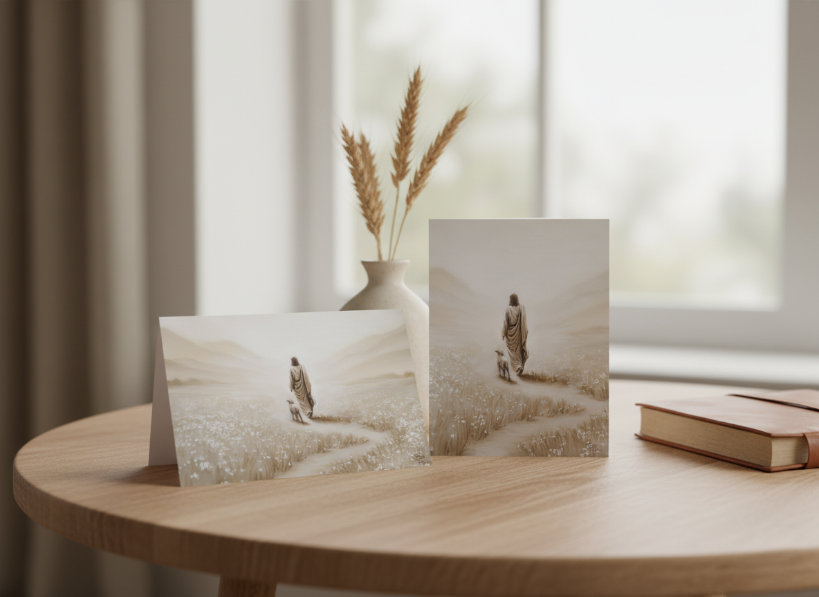 Two greeting cards with desert scenes on a wooden table with a blurred window background. Greeting cards have the picture of a landscape Oil painting of Christ walking with a lamb on a winding path. Walking towards distant mountains. To the sides are a field of white flowers. Monochromatic colors browns and tans. 