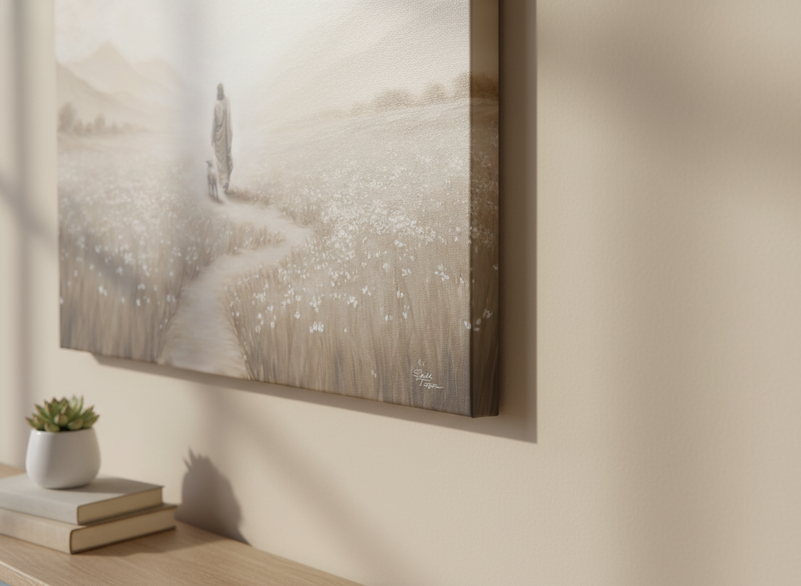 Oil painting of Christ walking with a lamb on a winding path. to each of their side is a meadow of white wildflowers. They are walking toward the distant mountains. Painting is on a large canvas hung on a wall. Monochromatic painting, tans and browns