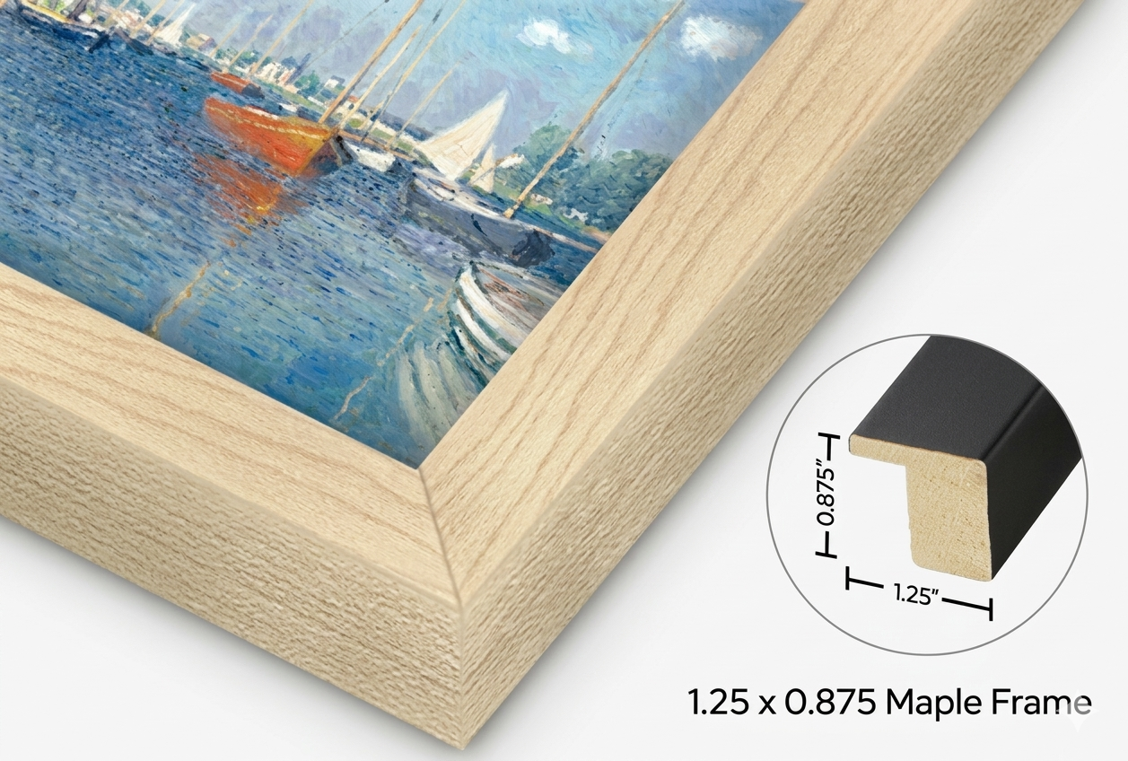 Close-up of a framed painting with a maple frame detail on a white background. 1.25 wide x 0.875 tall