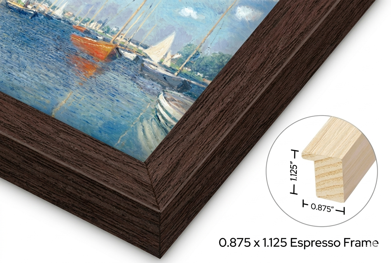 Framed artwork with a close-up of the espresso frame and measurements. .875 wide x 1.123 tall