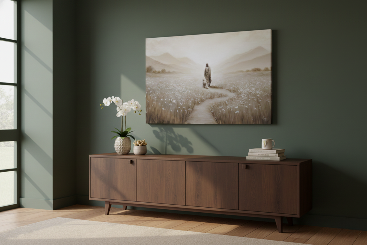 Oil painting of Christ walking with a lamb on a winding path. Painting is on a large canvas hung on a wall that is deep green. The Monochromatic painting is the color of tans and browns.